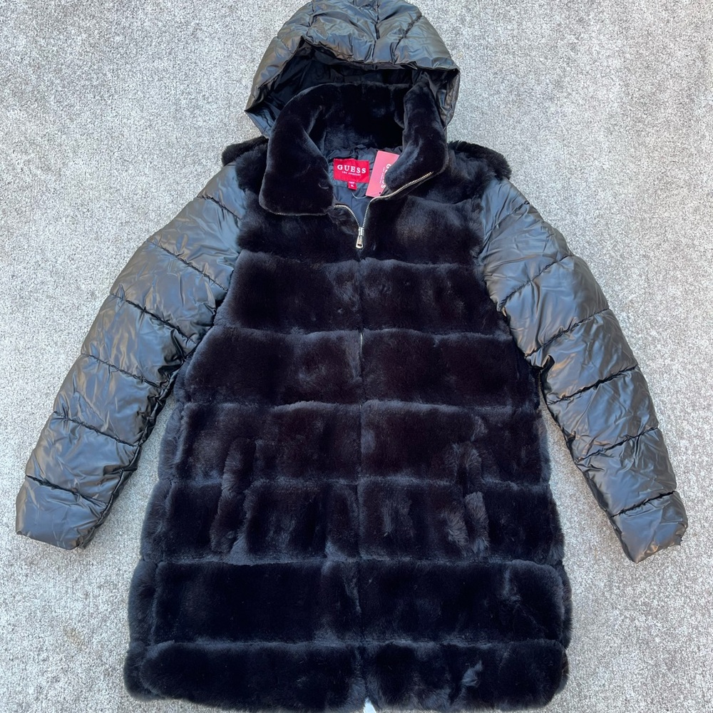 NWT GUESS Women’s XL Olivette Puffer Jacket Jet Black Faux Fur Winter Coat